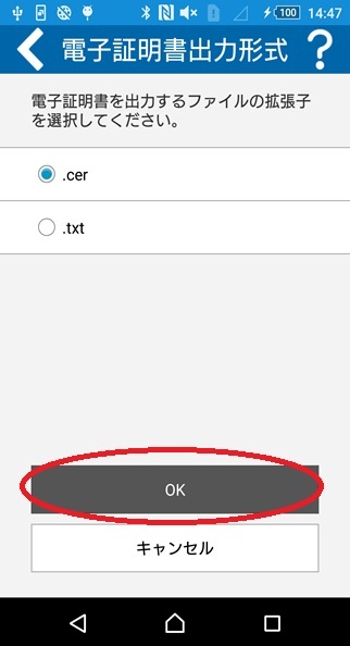 「電子証明書出力形式」の画面イメージ