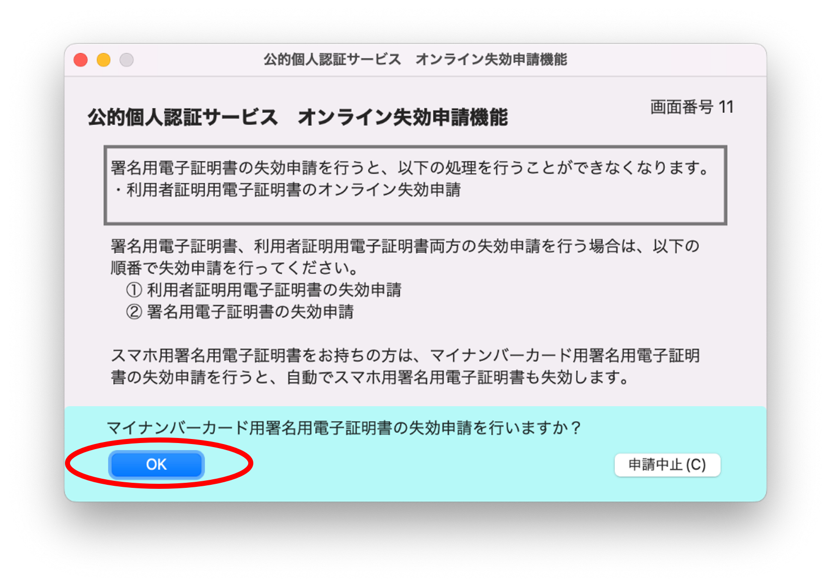 公的個人認証サービス オンライン失効申請確認のイメージ11